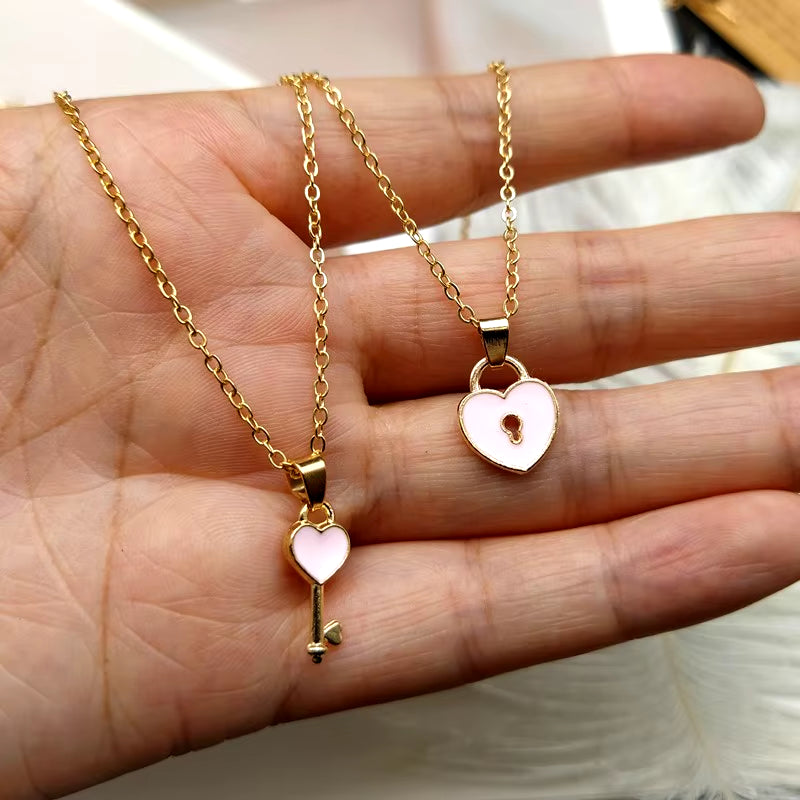 2 Pcss/Lots New Statement Couple Necklace for Women Fashion Key Lock Pendant Link Chain Fashion Jewelry Heart Necklace