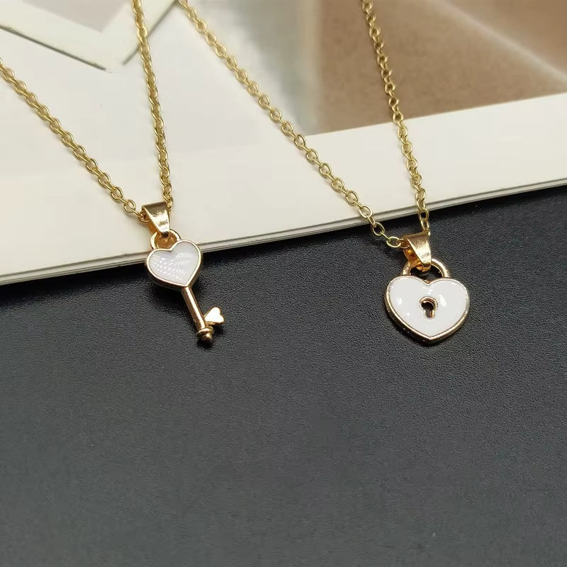 2 Pcss/Lots New Statement Couple Necklace for Women Fashion Key Lock Pendant Link Chain Fashion Jewelry Heart Necklace